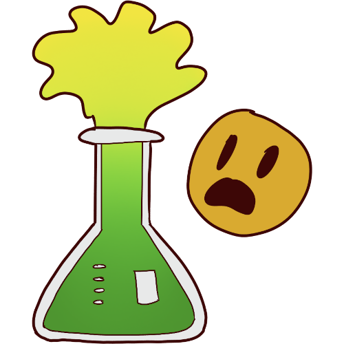 an erlenmyer flask with neon green liquid exploding out of the top. a shocked yellow face is next to it.
